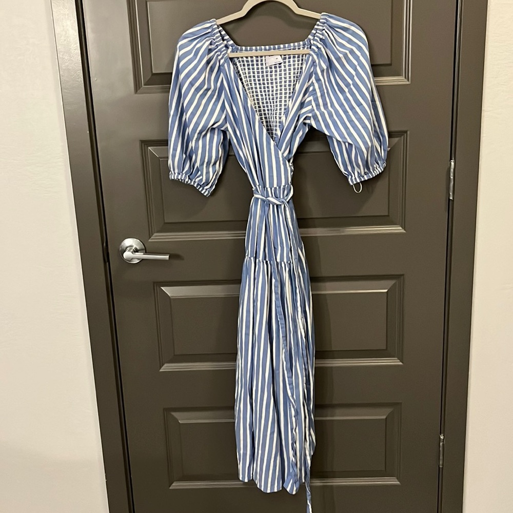 Waist Defined Striped Tie-Belt MIDI Wrap Dress with Puff sleeves